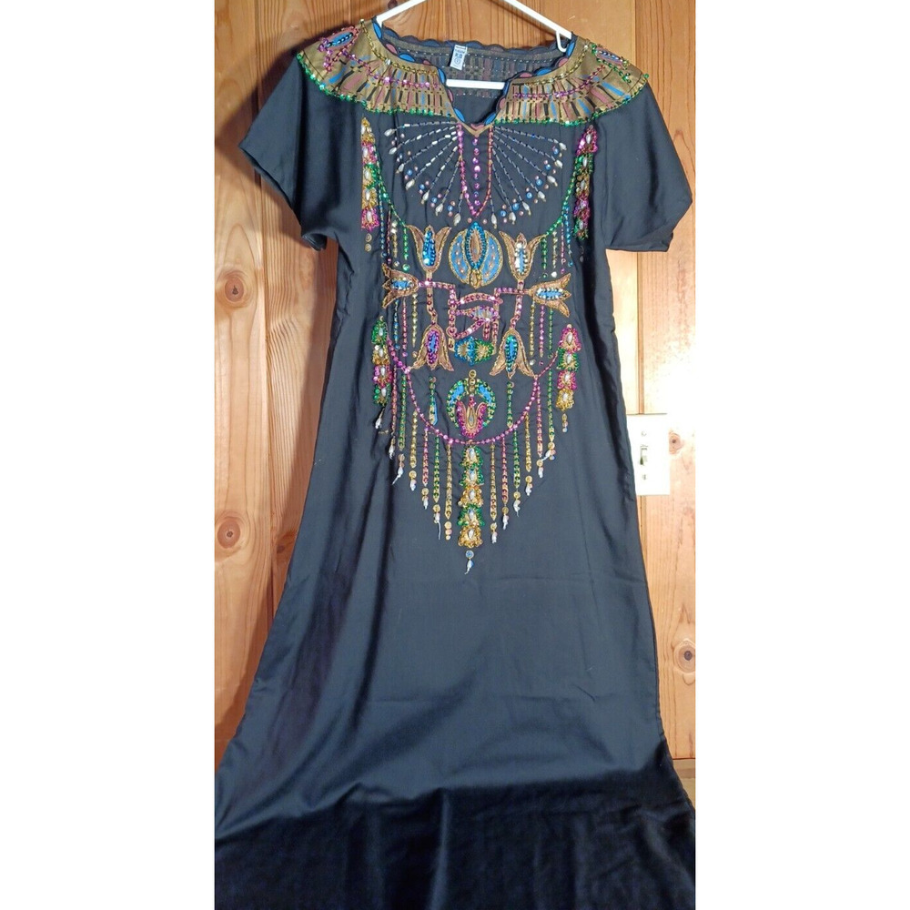 VTG Egyptian Kaftan Womens Small Embellished Gold Design with Sequins and Beads